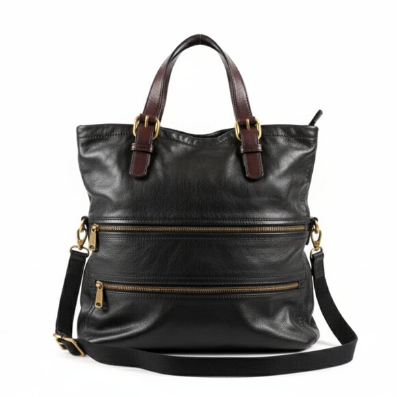 Fossil Leather Convertible Hobo/Shoulder Bag – Black w/ Brown Handles, Gold Hard - Picture 1 of 4